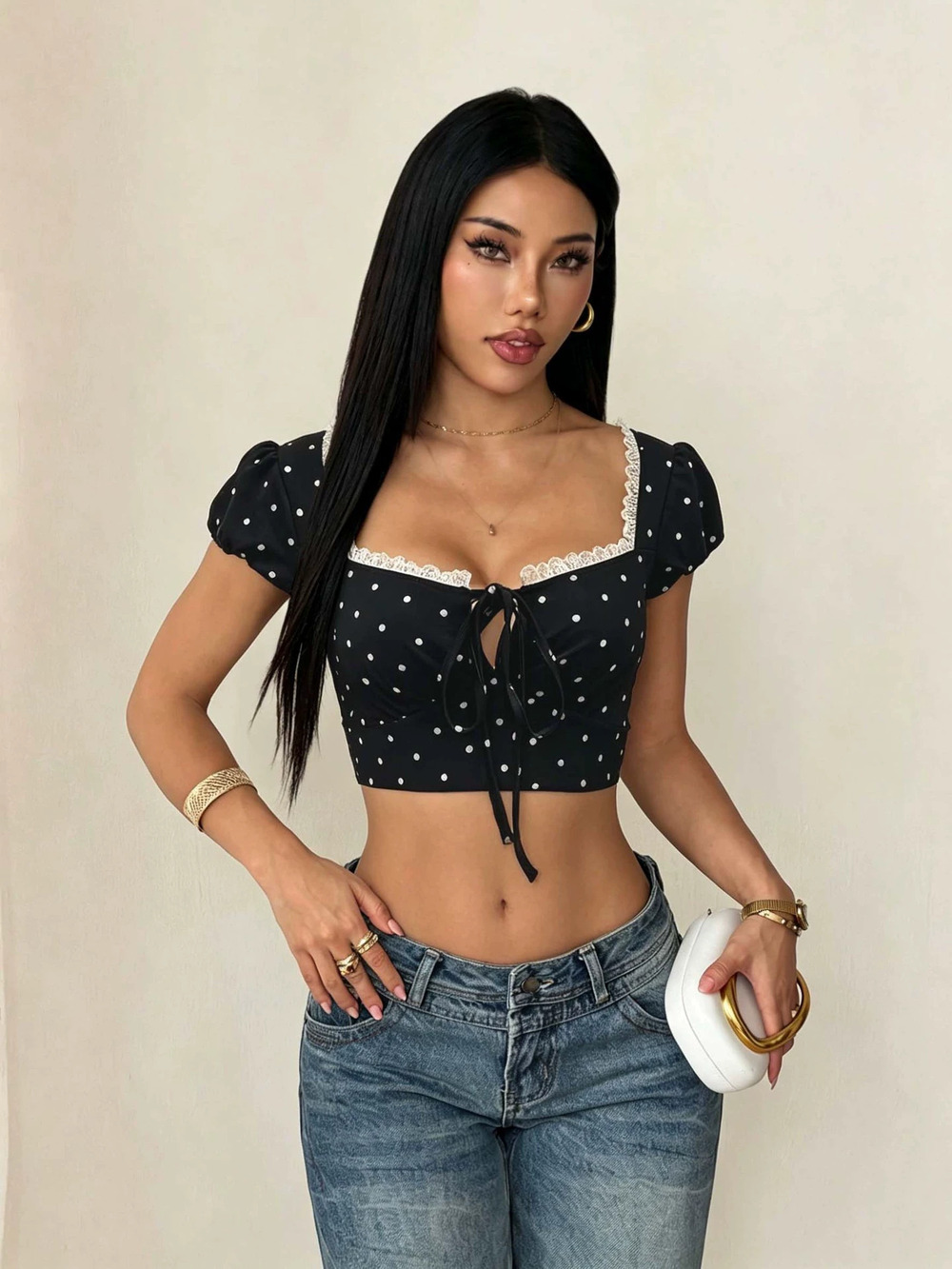ZARA French Square Neck Polka Dot Puff Sleeve Crop Top Summer Slim Fit